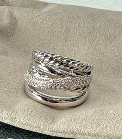 David Yurman Sterling Silver Multi-Band Pavé Diamond Ring, Size 7
