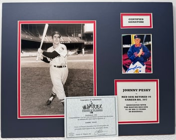 Johnny Pesky Hand-Signed Photo Display – Boston Red Sox Legend – COA – 14"x18" Mounted