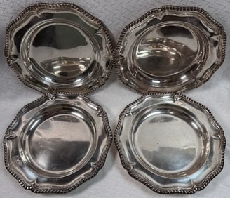 Set of 4 European Silverplate Scalloped Rim Bowls with Heraldic Crest – Mid-20th Century