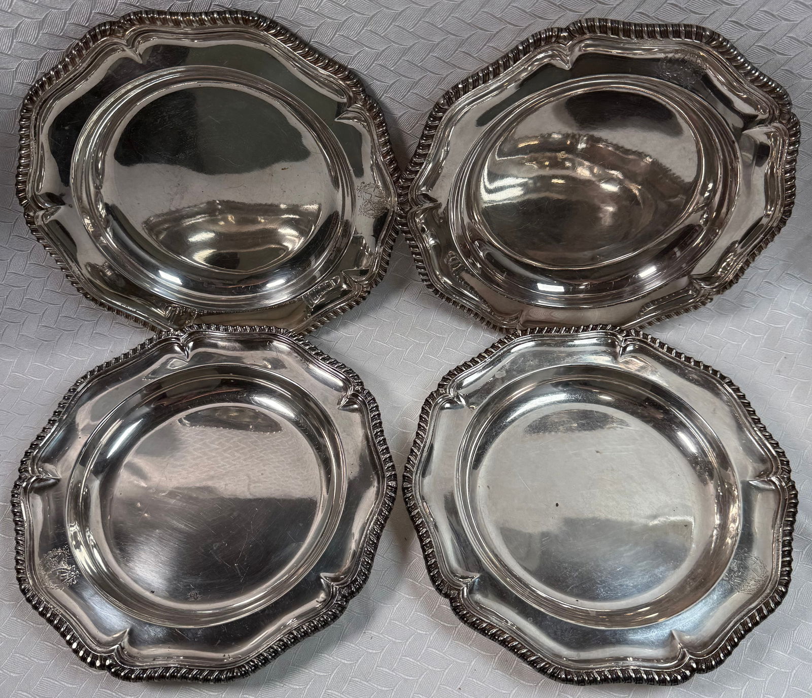 Set of 4 European Silverplate Scalloped Rim Bowls with Heraldic Crest – Mid-20th Century (1 of 5)
