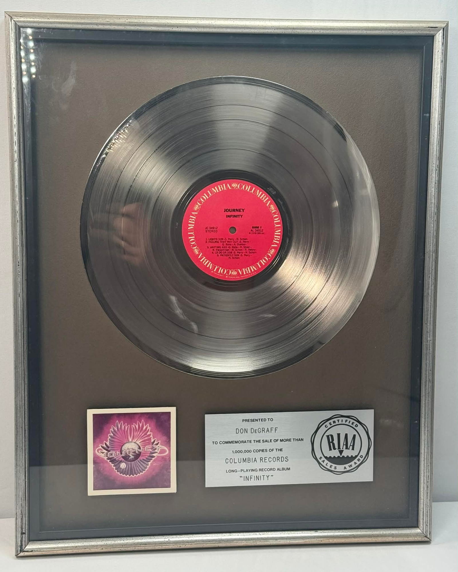 Journey – “Infinity” RIAA Certified Sales Award – Presented to Don DeGraff (1978) – (1 of 3)
