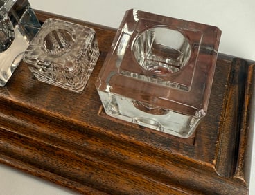 Mid-Century Block Glass Inkwell Trio on Wooden Base – Vintage Desk Set