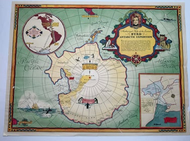 1934 Byrd Antarctic Expedition Lithograph Map – Vintage G.F. Corp. Authorized Edition
