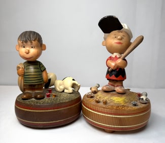 1968 ANRI Hand-Carved PEANUTS Charlie Brown & Linus w/ Snoopy Reuge Music Boxes – Removable Heads