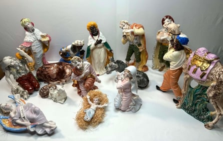 Large 1960s Italian Hand-Painted Porcelain Nativity Set – 14 Figures – Christmas – L.B. New