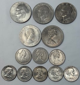 Mixed U.S. & U.K. Coin Lot – Eisenhower Dollars, 1979 SBA Dollars, Churchill Crown, British Pence