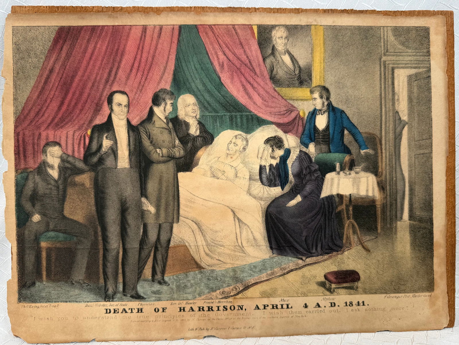 Death of Harrison, April 4 A.D. 1841 — N. Currier Lithograph (1841): Death of Harrison, April 4 A.D. 1841 — N. Currier Lithograph (1841)Rare early hand-colored lithograph published by Nathaniel Currier, New York, depicting the deathbed of President William Henry Harr