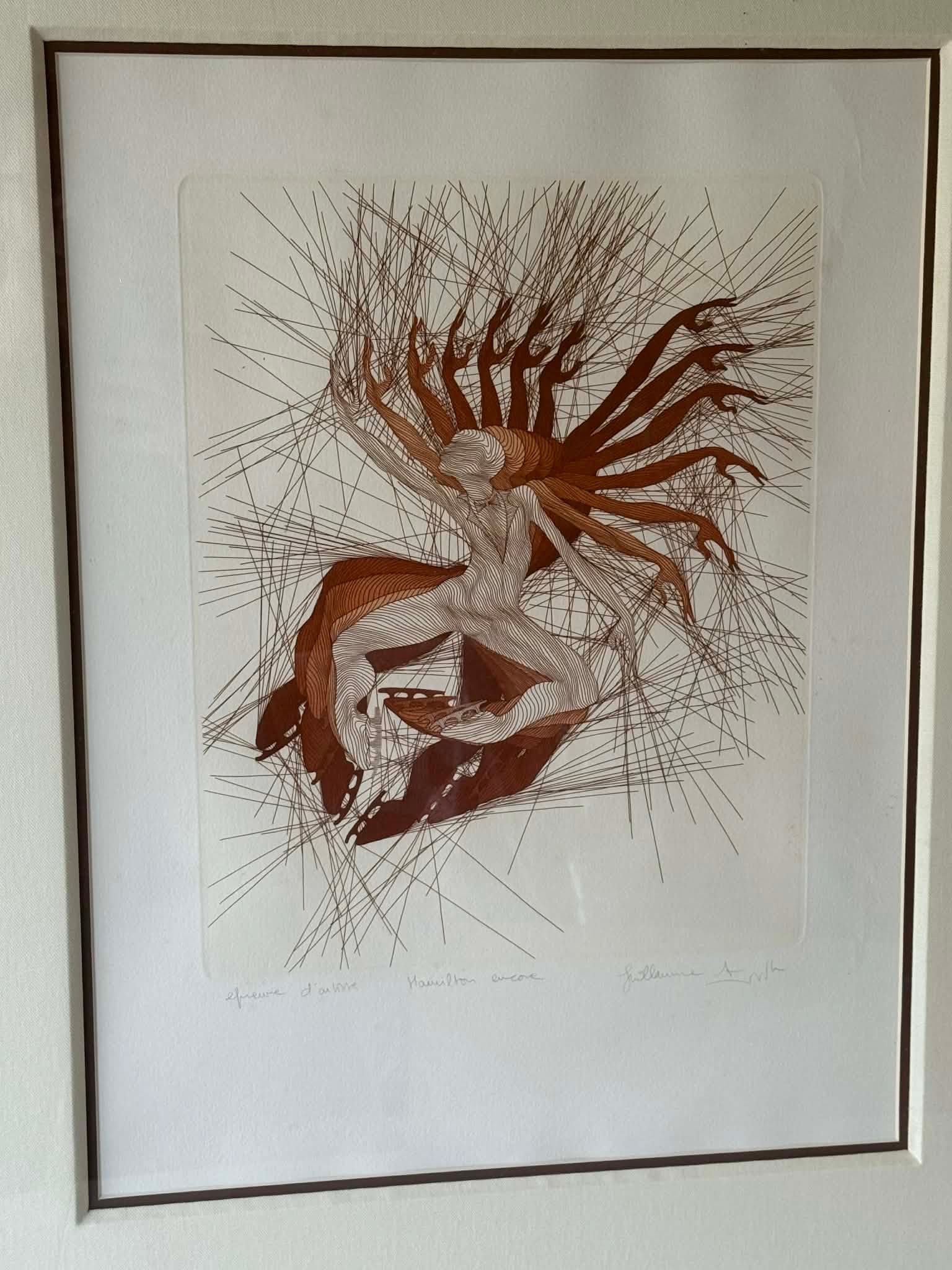 Guillaume Azoulay “Hamilton Encore” Etching, Signed Artist’s Proof, c.1992: Guillaume Azoulay (French/Israeli, b. 1949) Hamilton Encore, c. 1992 Etching on paper, artist’s proof (E.A.) Signed in pencil by the artist With Certificate of Authenticity Dynamic modern etching by