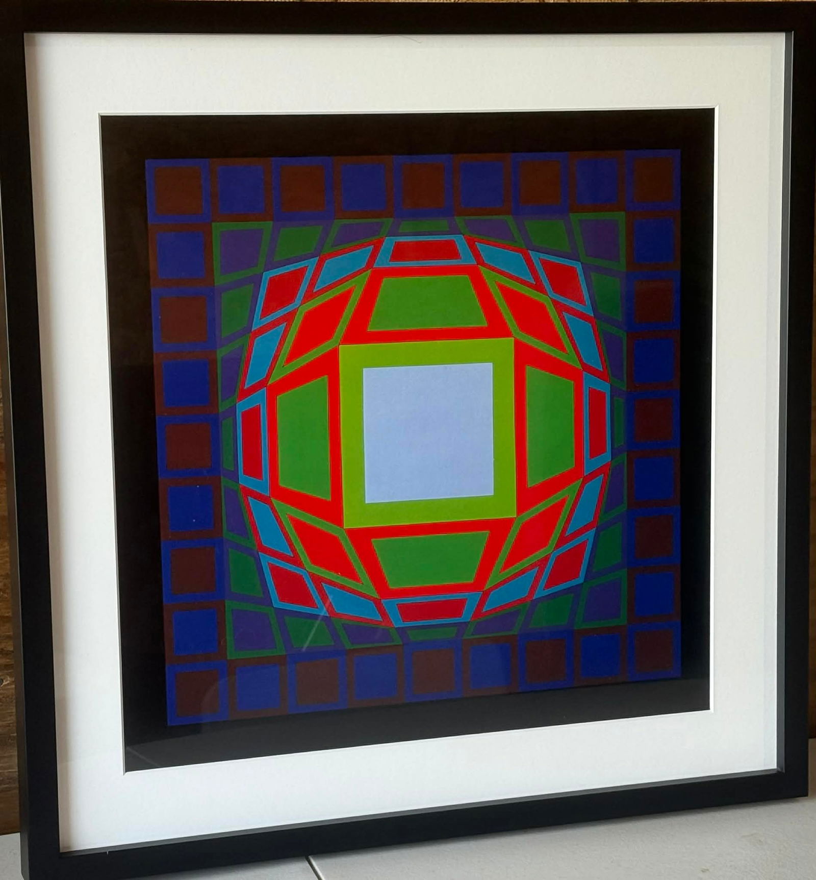 Victor Vasarely “Gyemant” Op Art Heliogravure, Framed, COA: Victor Vasarely (Hungarian-French, 1906–1997), widely regarded as the father of Op Art, is represented here by Gyemant, a striking heliogravure print exemplifying his pioneering exploration of optic