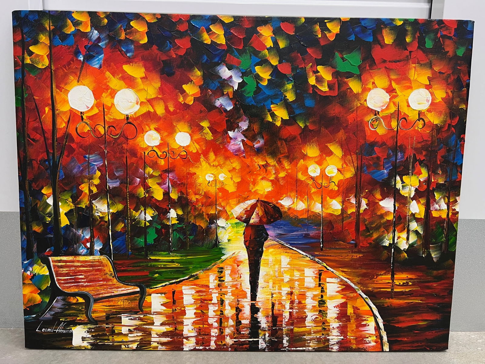 Leonid Afremov (Russian-Israeli, 1955–2019) – “Touch of the Rain” Oil on Canvas, Signed: Vibrant original oil on canvas painting titled “Touch of the Rain” by Leonid Afremov (Russian-Israeli, 1955–2019), a widely collected contemporary impressionist known for his richly textured