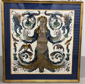 Hermès Paris “Ceres” Silk Scarf, Framed Decorative Textile Art, Signed F. Faconnet