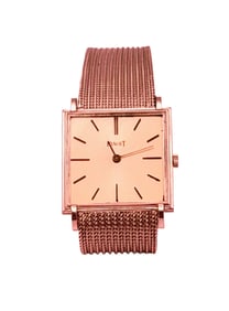 Piaget 18K Gold Rectangular Wristwatch w/ Integrated Mesh Bracelet, Swiss Made Mid-Century