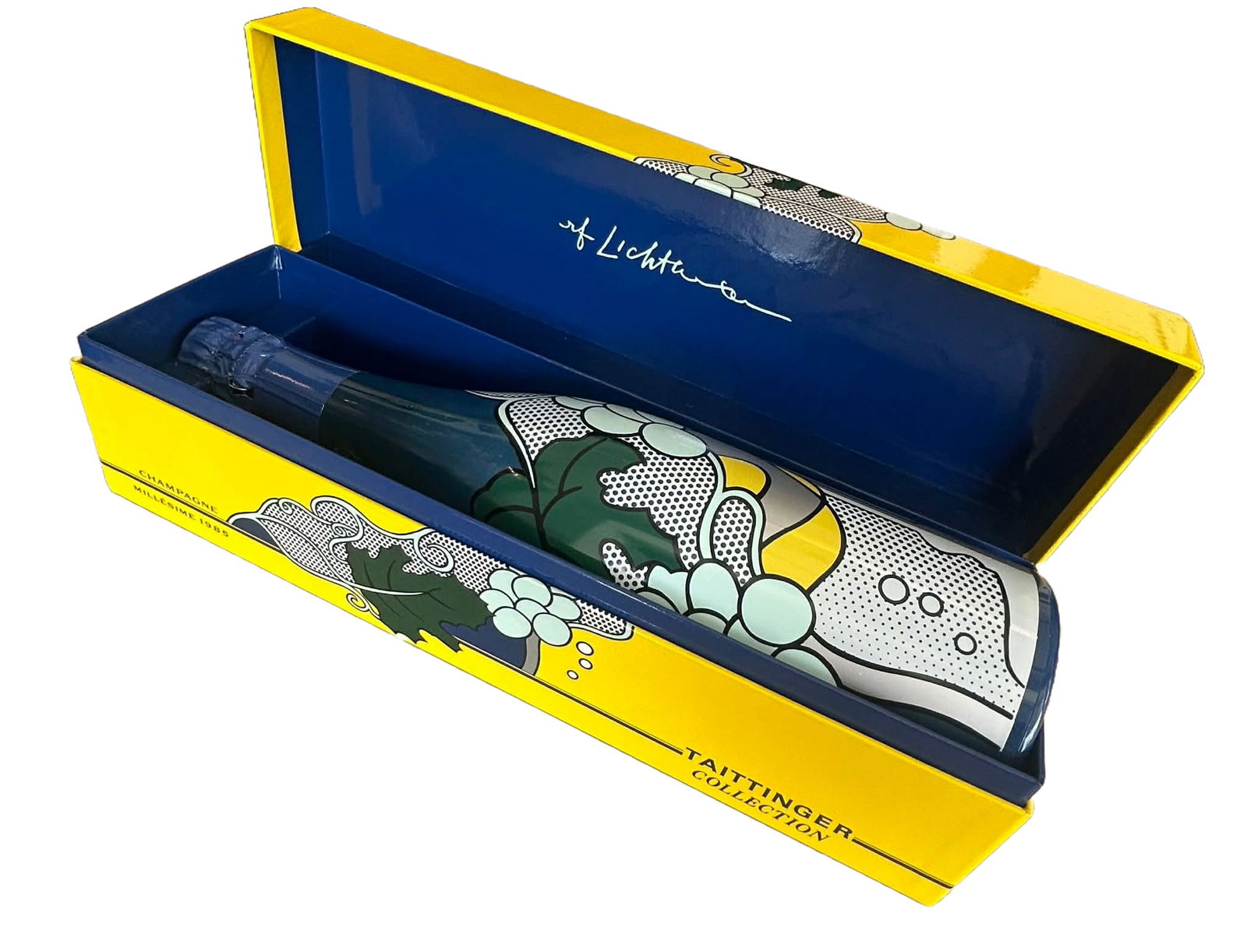Roy Lichtenstein x Taittinger Champagne 1985 Brut – Artist Edition Bottle & Box (Unopened): LOCAL PICK ONLY: Hoboken, New Jersey Unopened 1985 Taittinger Champagne Brut presented in a limited artist-designed bottle by Roy Lichtenstein, created as part of the Taittinger Collection. The bottle