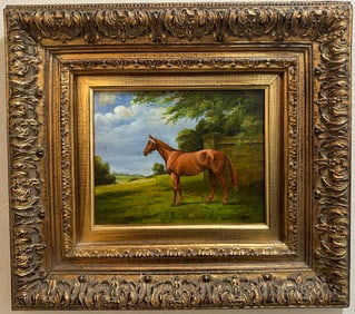 P. English — Oil on Board Horse in Landscape, Gilt Frame