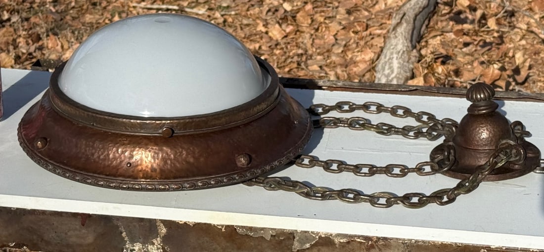 Arts & Crafts Hammered Copper Ceiling Light w/ Opaline Glass, Early 20th C. (1 of 14)