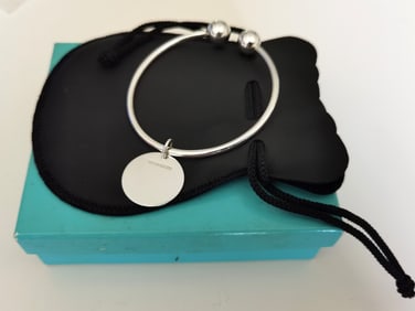 Tiffany & Co. Sterling Silver Open Cuff Bracelet with Ball Finials & Round Tag, 25g