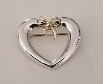 Tiffany & Co. Sterling Silver & 18K Gold Heart Bow Brooch Pin, Signed, 6.28g