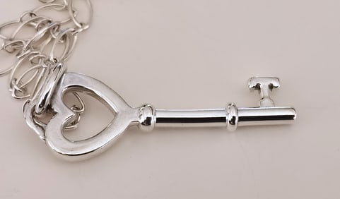 Tiffany & Co. Sterling Silver Double Heart Key Necklace with Green Enamel, 5.4g