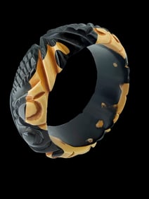 Vintage Hand-Carved Bakelite Bracelet, Black & Butterscotch Catalin, New York Studio