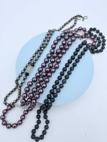 Lot of Three Beaded Necklaces, Faux Pearl & Matte Black Fashion Jewelry
