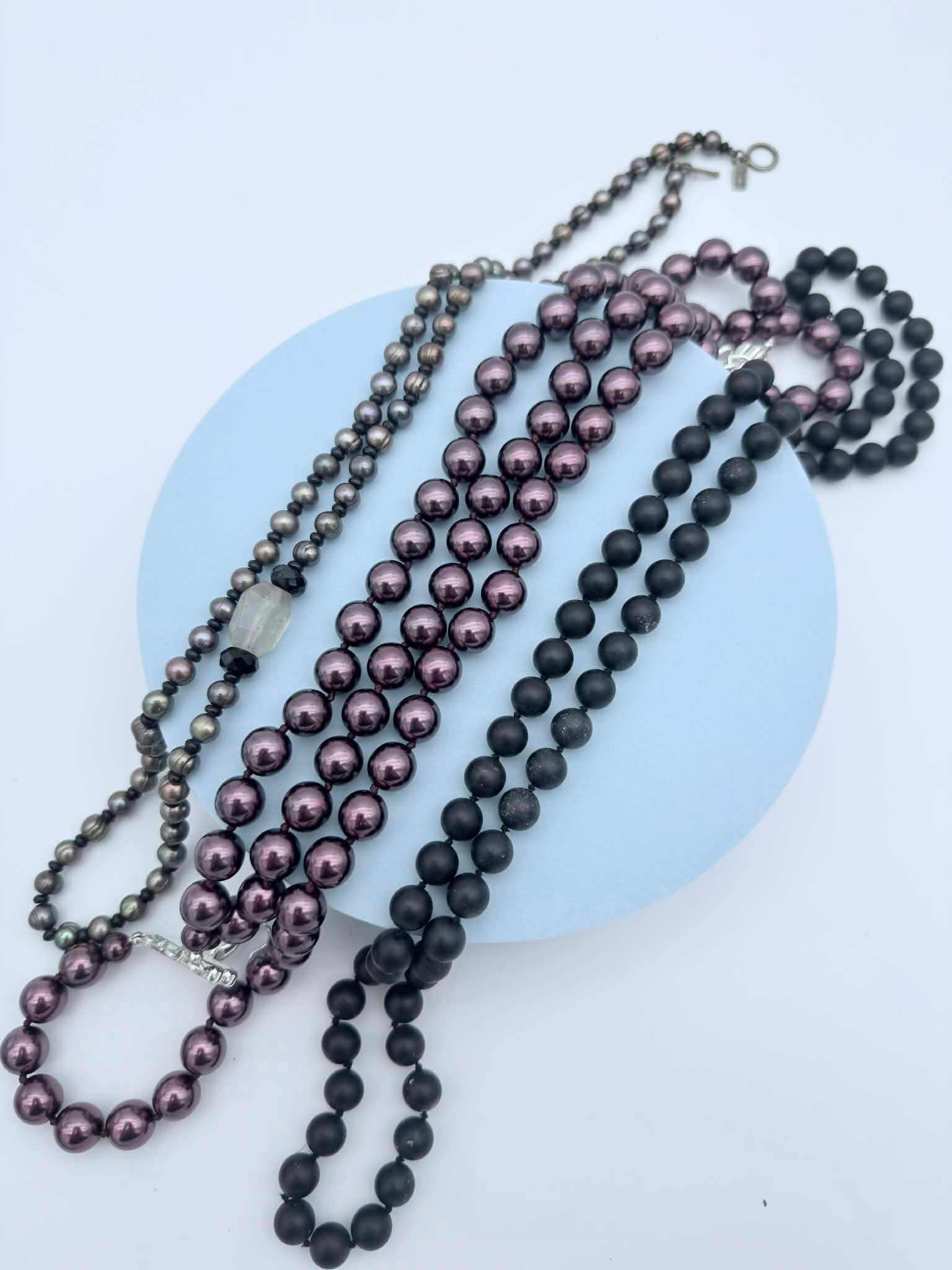Lot of Three Beaded Necklaces, Faux Pearl & Matte Black Fashion Jewelry (1 of 5)
