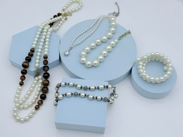 Lot of Five Faux Pearl Jewelry Pieces, Necklaces & Bracelets, Carolee