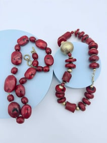Lot of Two Statement Red Bead Necklaces with Gold-Tone Accents