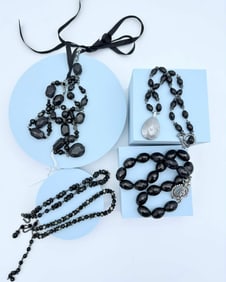 Lot of Five Black Beaded Necklaces & Bracelet, Faceted Beads, One Sterling Clasp