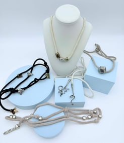 Five-Piece Corded Necklace & Jewelry Lot with Mixed Metal Elements, CN & Sterling Marks