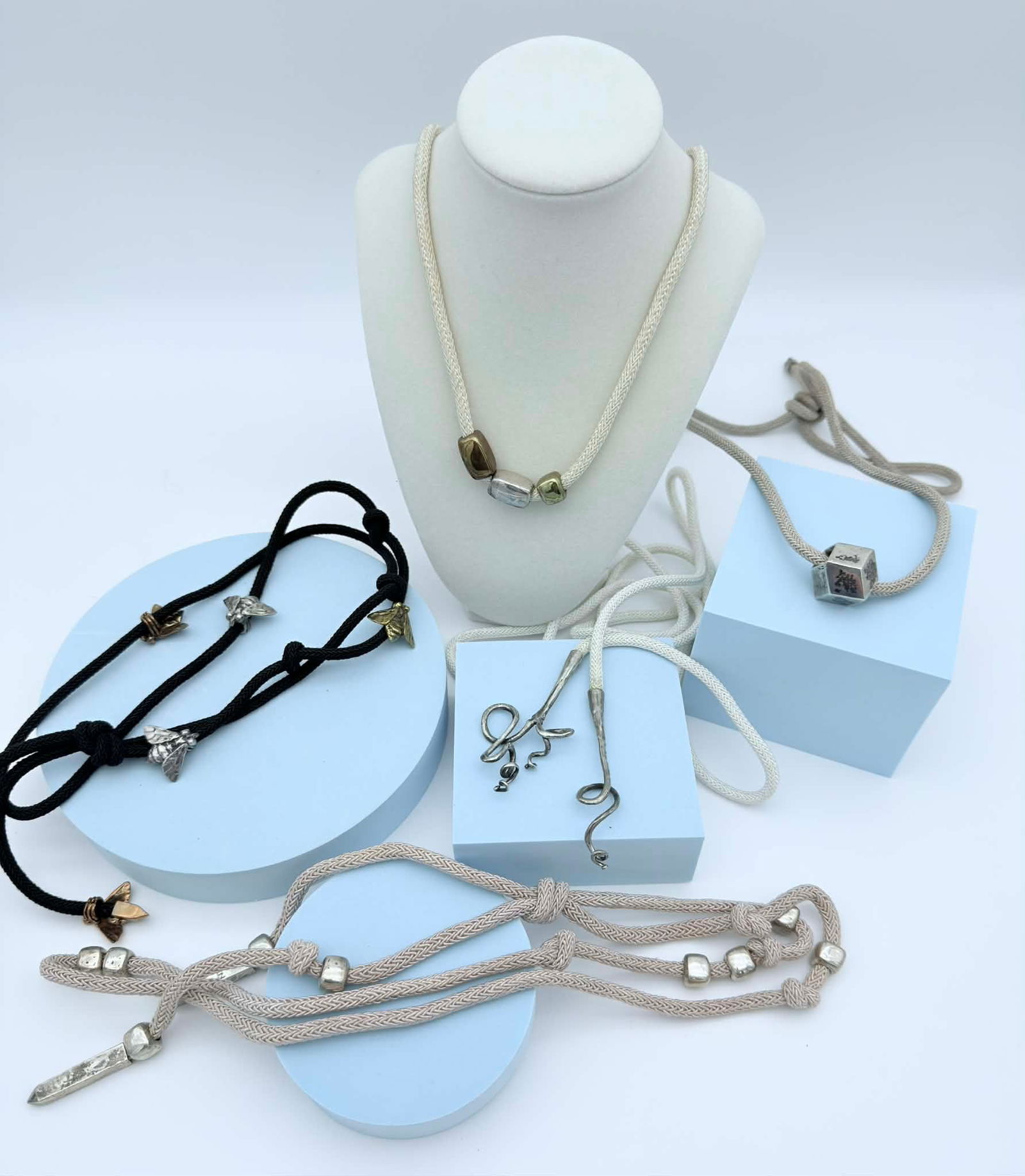 Five-Piece Corded Necklace & Jewelry Lot with Mixed Metal Elements, CN & Sterling Marks (1 of 6)