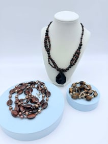 Three Beaded Stone Necklaces, Faceted Pendants & Sterling Clasp