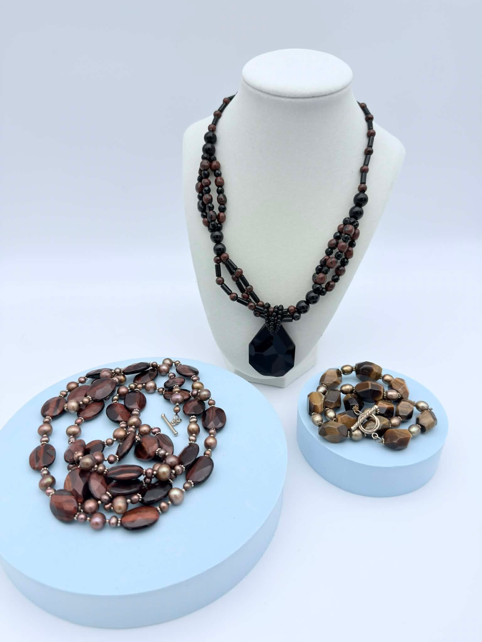 Three Beaded Stone Necklaces, Faceted Pendants & Sterling Clasp (1 of 5)