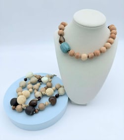 Lot of 2 Beaded Necklaces with Wood & Stone Elements, Lydell NYC