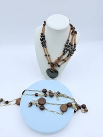 Two-Piece Artisan Beaded Necklace Lot with Stone & Wood Elements