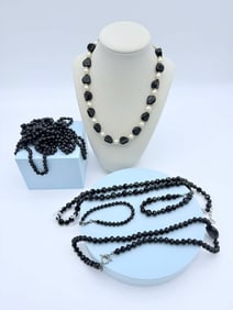 Group of Black Bead Necklaces & Bracelets, Faceted & Smooth Beads – 8 Pieces