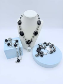 Lot of Three Contemporary Black & Clear Beaded Jewelry Pieces, Sterling Silver Accents