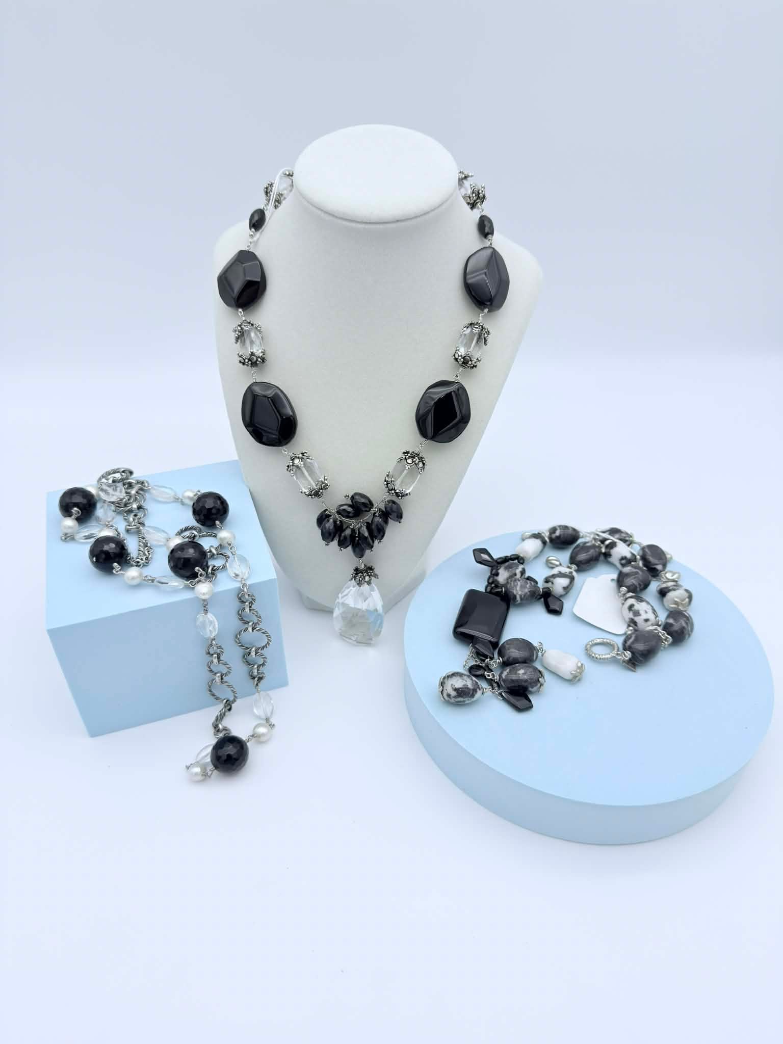 Lot of Three Contemporary Black & Clear Beaded Jewelry Pieces, Sterling Silver Accents (1 of 6)
