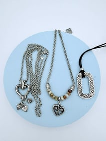 Lot of Three Contemporary Silver-Tone Necklace Pendants, Heart Motif & Mixed Materials