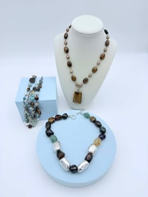 Lot of Three Contemporary Mixed-Stone Jewelry Pieces, Two with Sterling Silver (925) Clasps