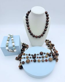 Lot of Three Mixed Beaded Necklaces, Faceted Stone, Wood & Silver-Tone Elements