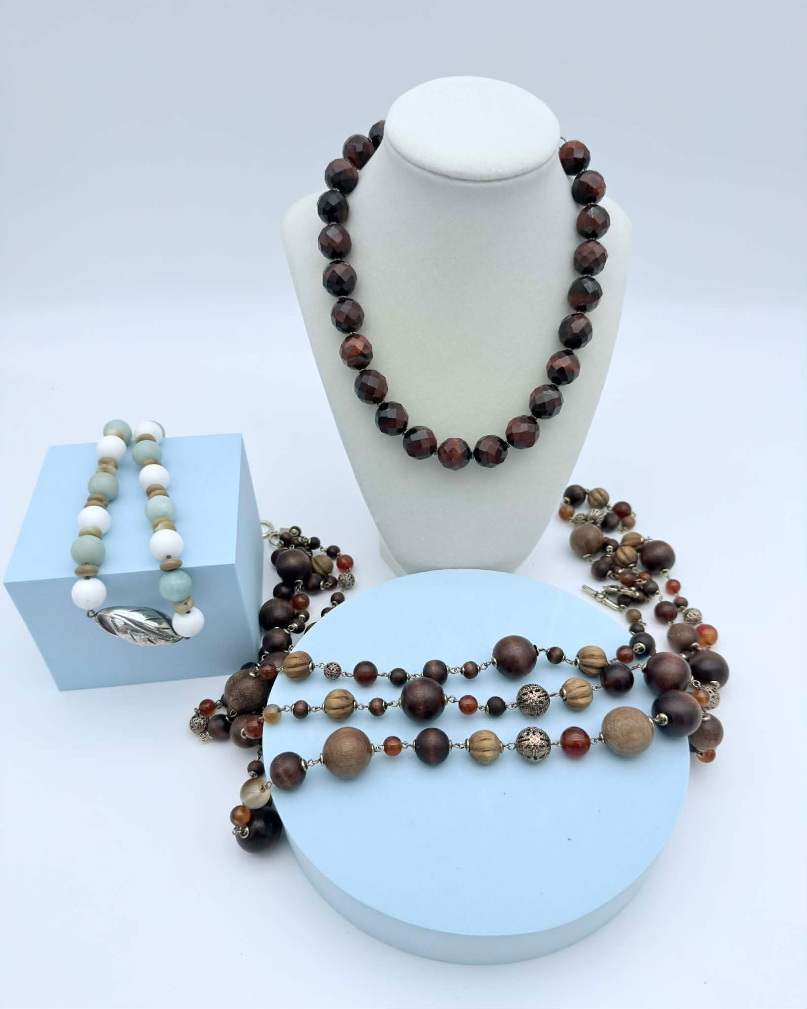 Lot of Three Mixed Beaded Necklaces, Faceted Stone, Wood & Silver-Tone Elements (1 of 5)