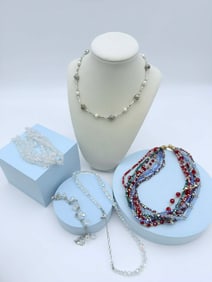 Lot of Five Beaded & Crystal Necklaces, Mixed Materials, Gold-Tone & Silver-Tone Accents