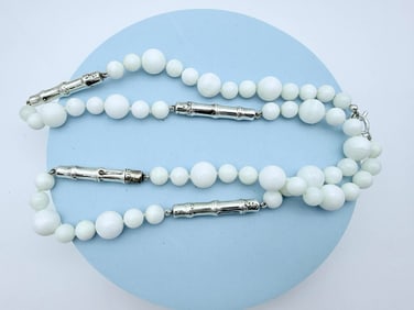 Sterling Silver & White Bead Necklace, Marked 925 Bamboo-Style Connectors