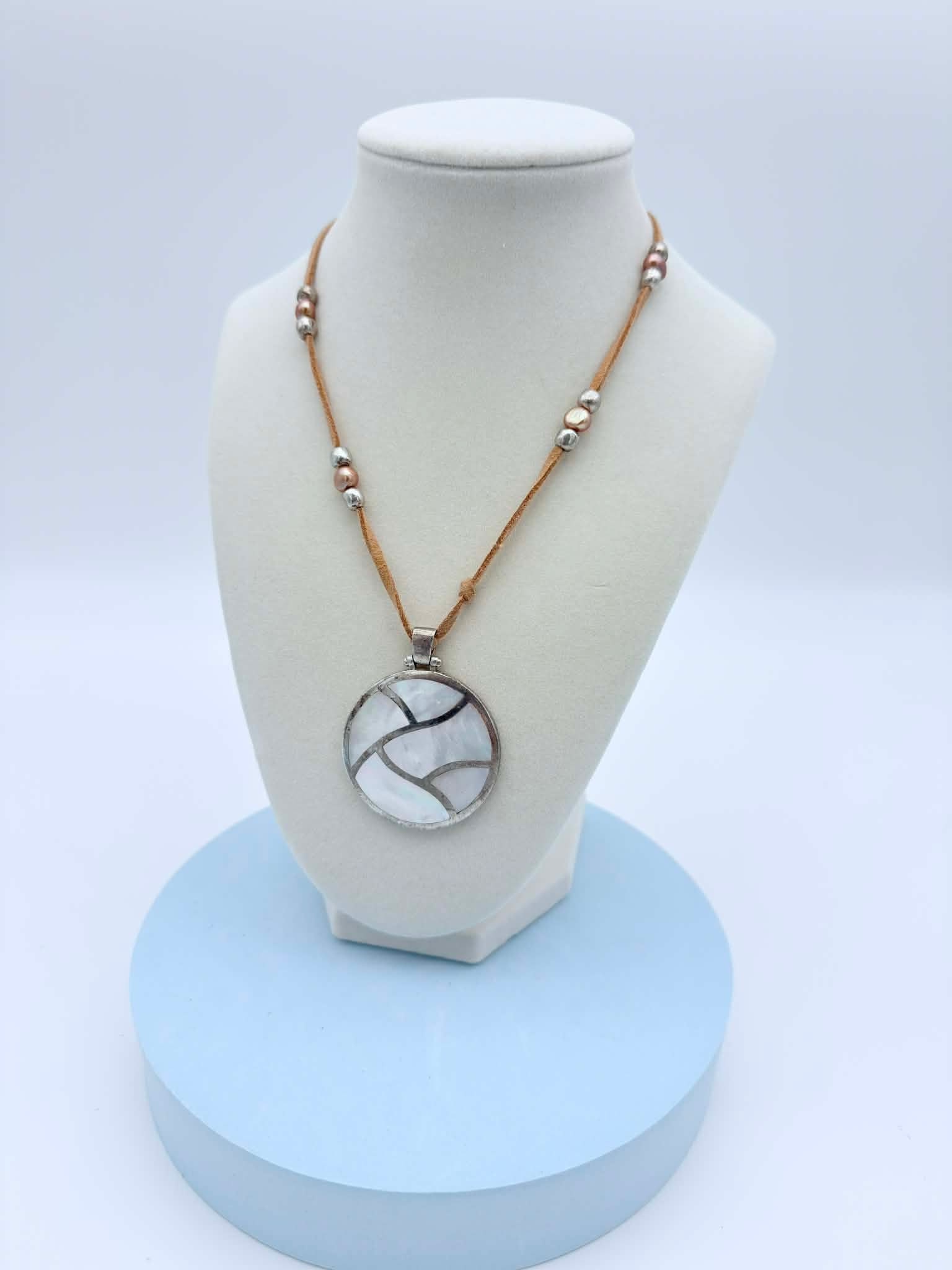 Contemporary Mother-of-Pearl Pendant Necklace with Cord and Metal Accents (1 of 4)