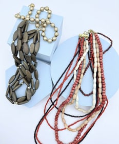 Mixed Multi-Strand Beaded Jewelry Lot, Wood & Resin Necklaces with Gold-Tone Accents