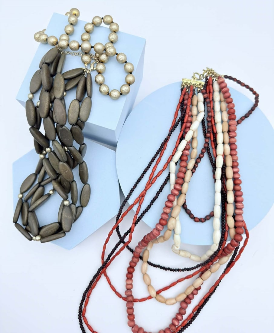 Mixed Multi-Strand Beaded Jewelry Lot, Wood & Resin Necklaces with Gold-Tone Accents (1 of 4)