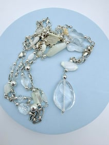 Sterling Silver 925 Fashion Necklace with Faceted Clear & Milky White Stone Drops