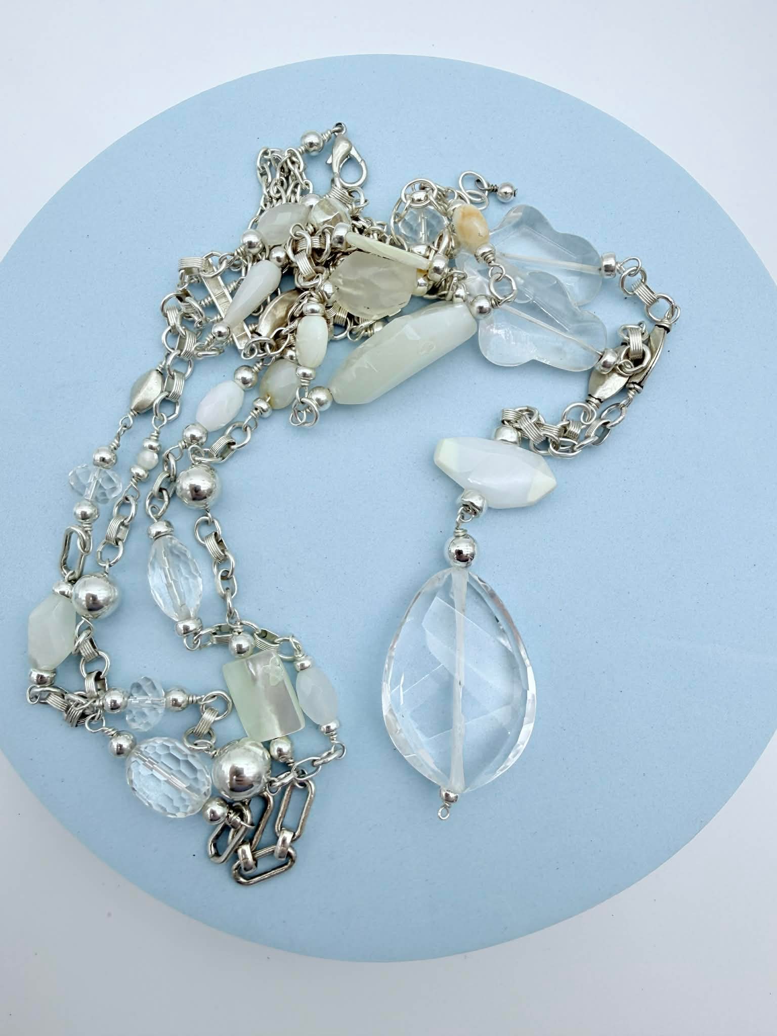 Sterling Silver 925 Fashion Necklace with Faceted Clear & Milky White Stone Drops (1 of 4)