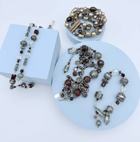Four-Piece Fashion Jewelry Lot – Two Necklaces & Two Bracelets, Beads & Silver Tone, Tres Jolie