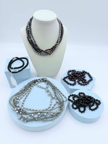 Six-Piece Fashion Jewelry Lot – Beaded Necklaces & Bracelets, Black and Silver Tone